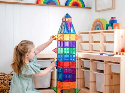 Colorful magnetic tile construction shaped like a rocket or tower.