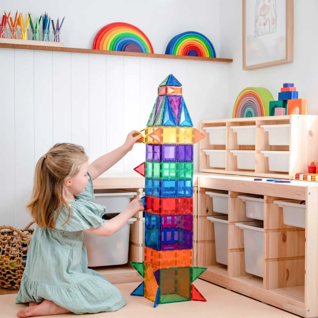 Colorful magnetic tile construction shaped like a rocket or tower.