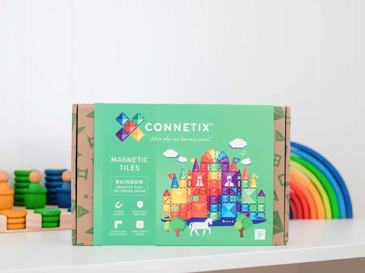 Colorful box of Connetix magnetic tiles, a children’s building toy set.