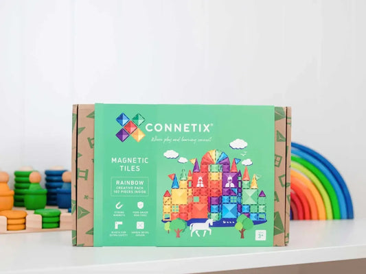 Colorful box of Connetix magnetic tiles, a children’s building toy set.