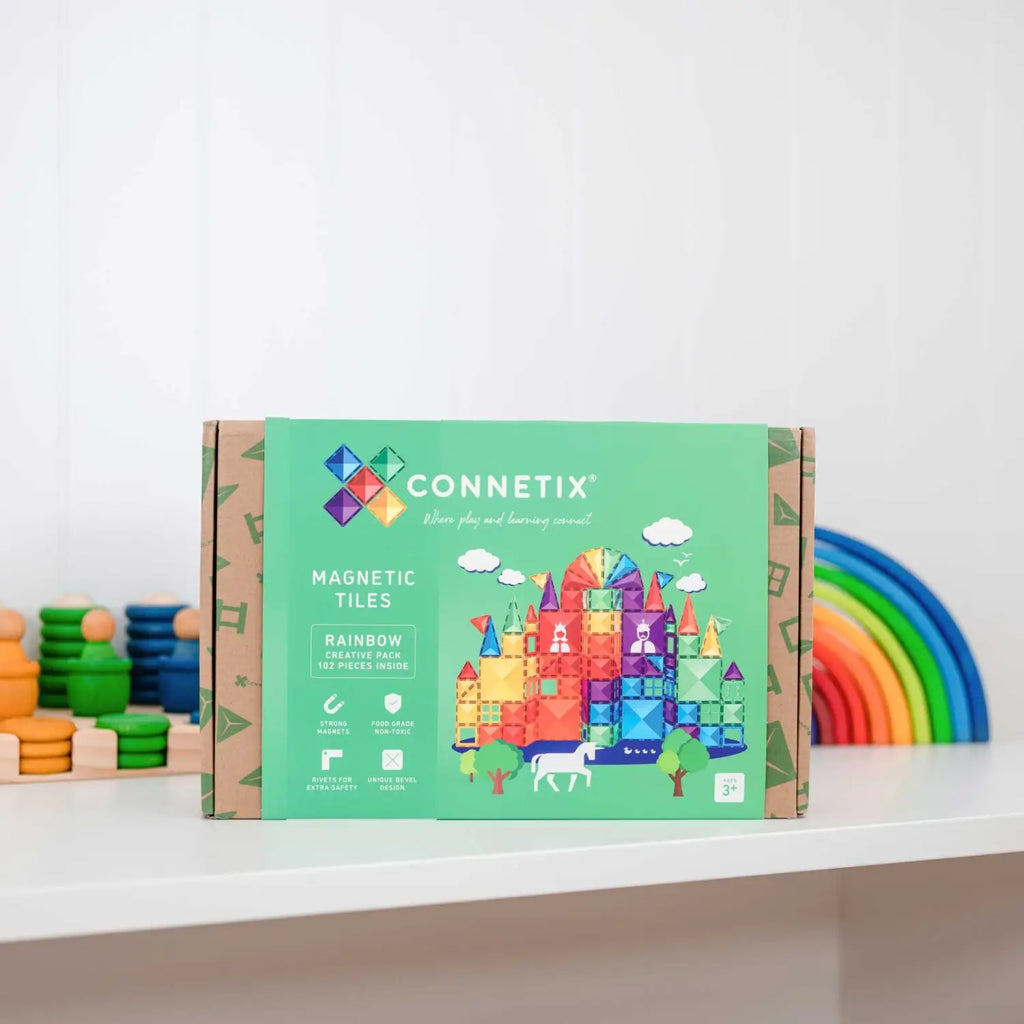 Colorful box of Connetix magnetic tiles, a children’s building toy set.