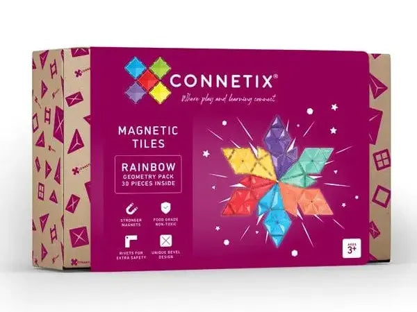 Colorful box of Connetix magnetic tiles featuring a rainbow star design.