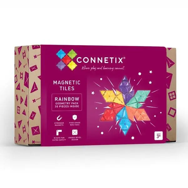 Colorful box of Connetix magnetic tiles featuring a rainbow star design.