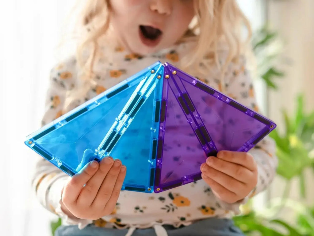Colorful geometric magnetic building tiles in blue and purple.