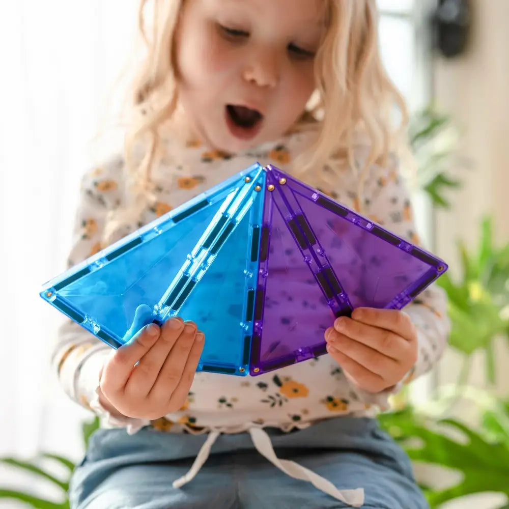 Colorful geometric magnetic building tiles in blue and purple.