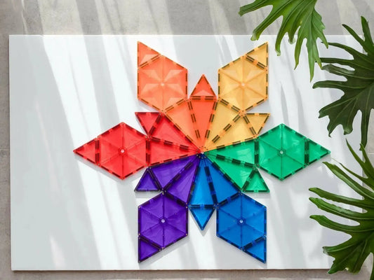 Colorful geometric star shape made of triangular pieces arranged in a rainbow pattern.