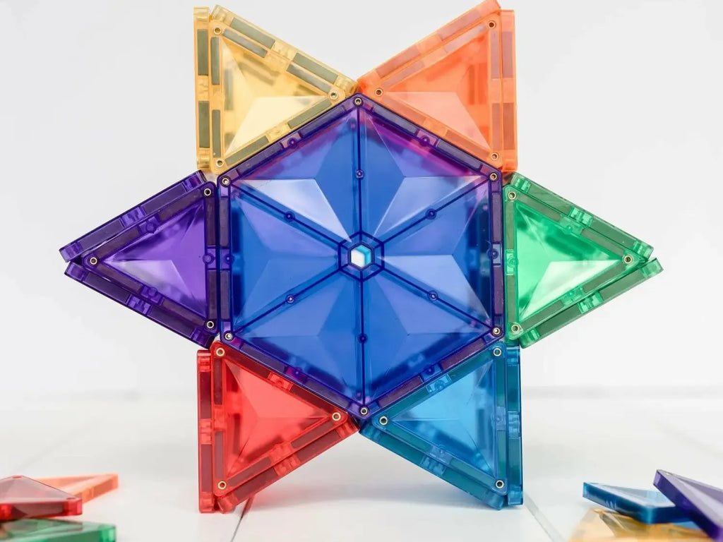 Colorful star-shaped construction made of translucent plastic triangular pieces.