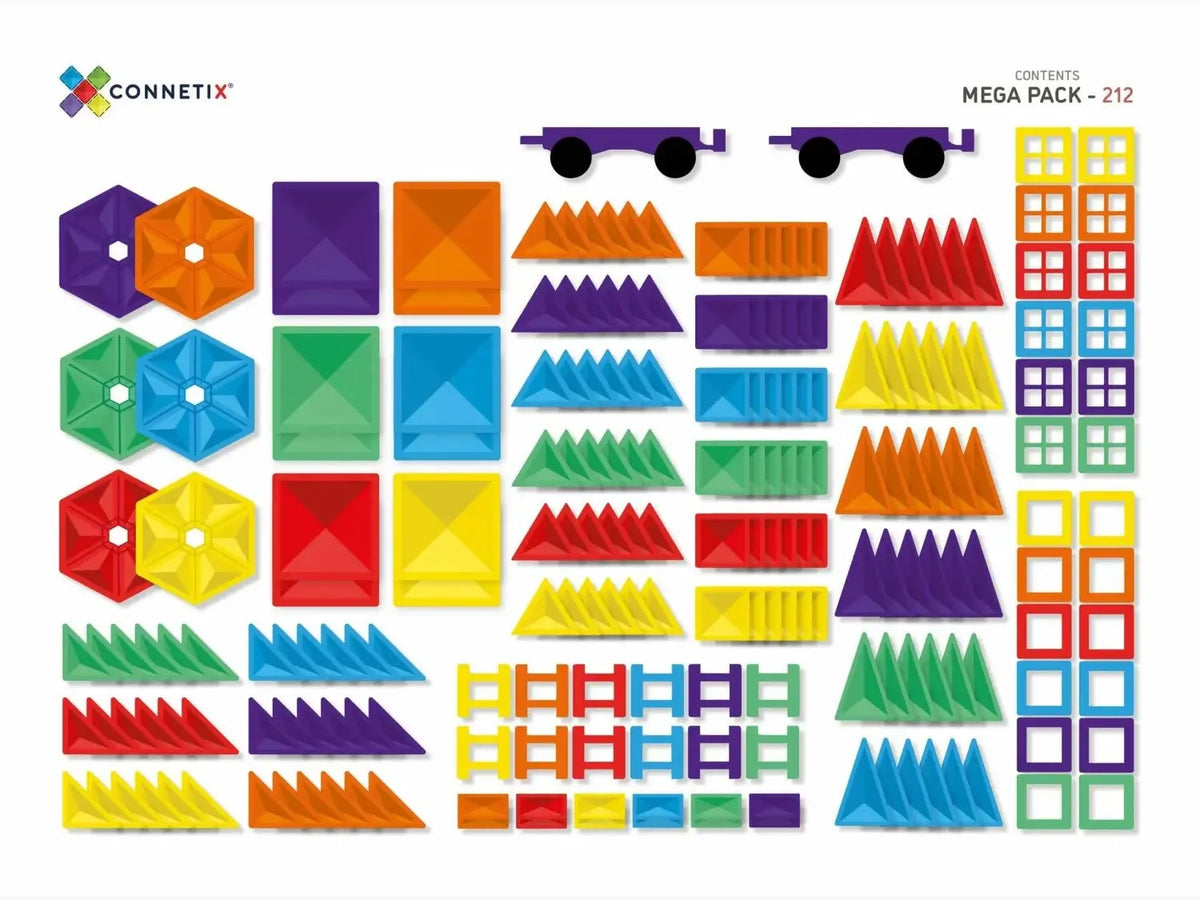 Colorful geometric building blocks and shapes from a construction toy set.