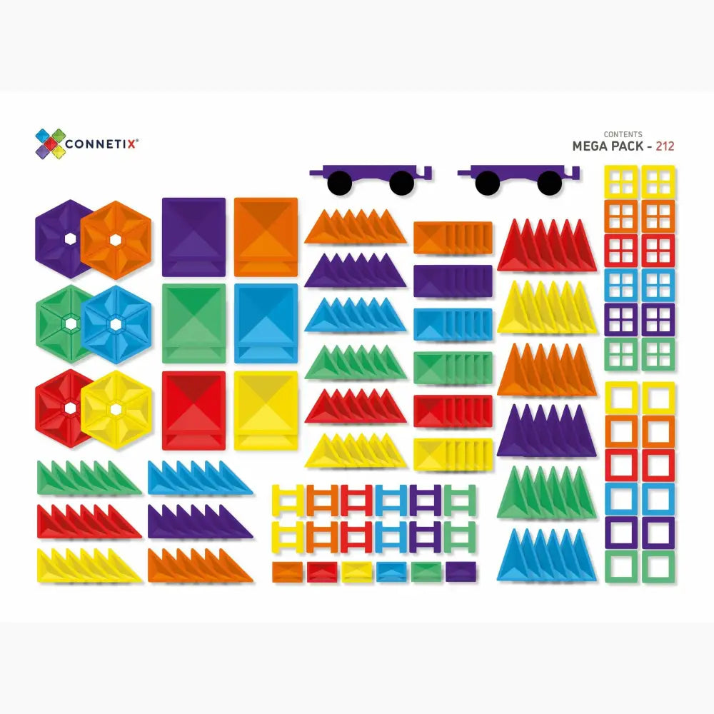 Colorful geometric building blocks and shapes from a construction toy set.