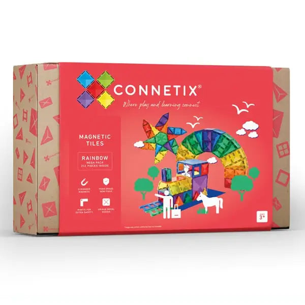 Colorful box of Connetix magnetic tiles featuring a rainbow-hued animal design.