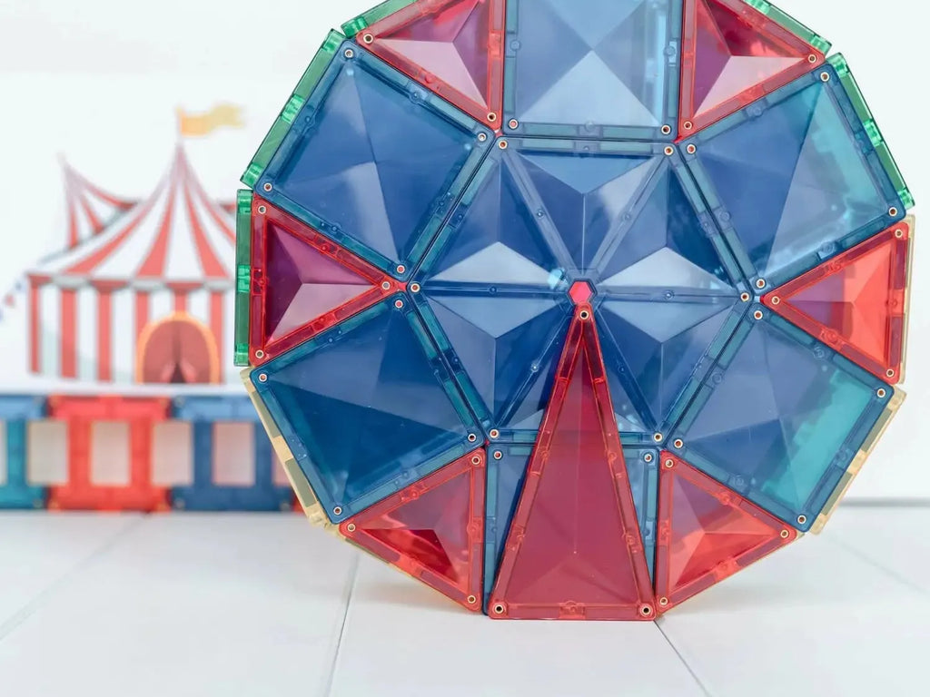 Colorful geometric structure made of triangular and square magnetic tiles.
