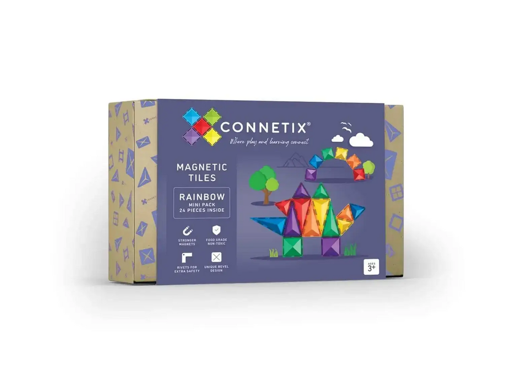 Box of Connetix magnetic tiles featuring a colorful rainbow dinosaur design on the packaging.