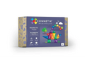 Box of Connetix magnetic tiles featuring a colorful rainbow dinosaur design on the packaging.