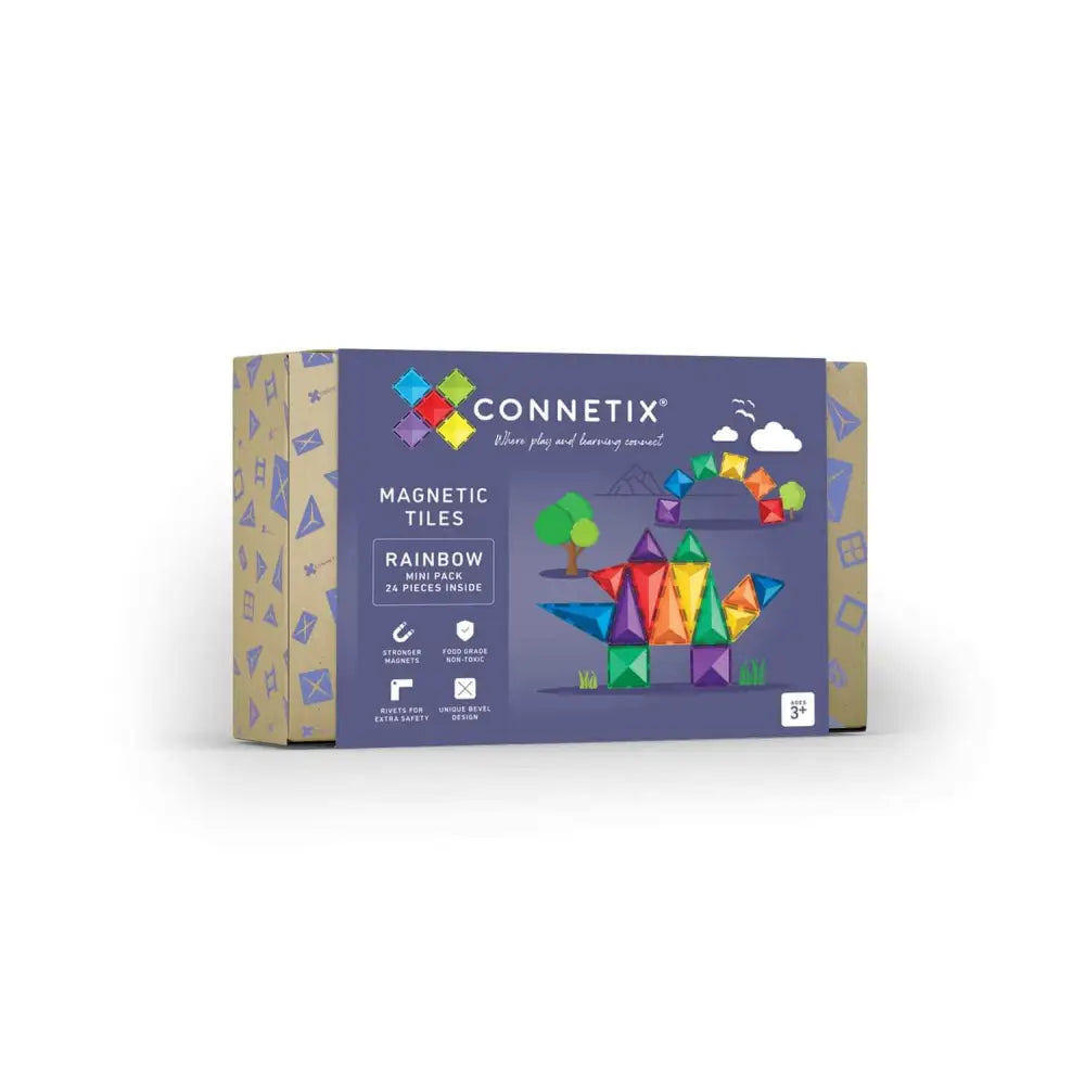 Box of Connetix magnetic tiles featuring a colorful rainbow dinosaur design on the packaging.