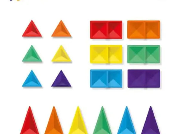 Rainbow-colored set of geometric shapes including triangles and squares.