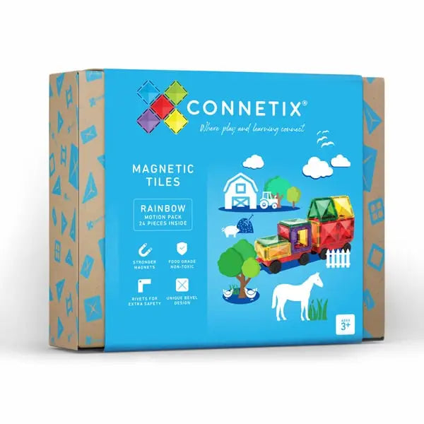 Box of Connetix magnetic tiles featuring a colorful farm scene on the packaging.