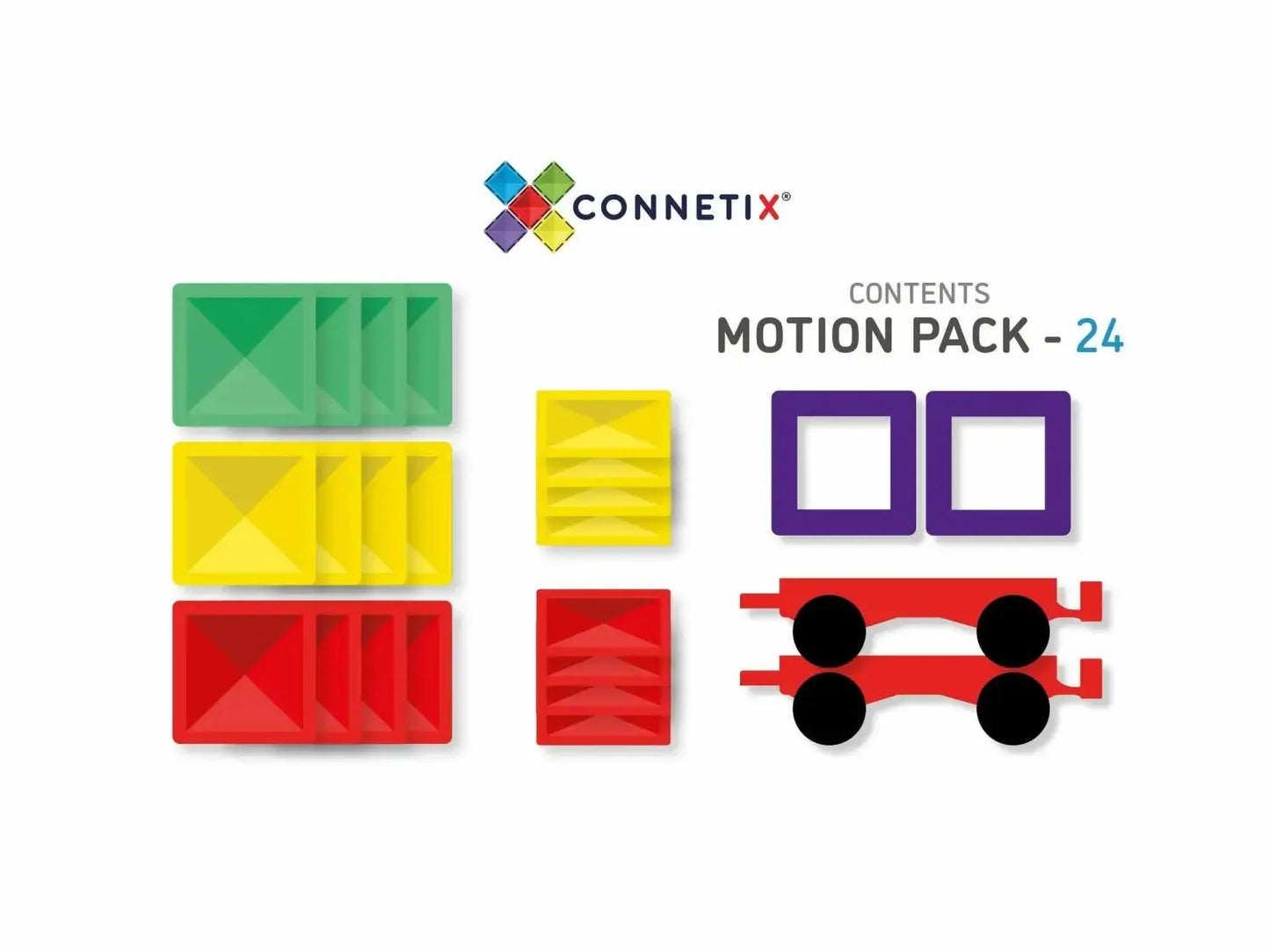 Colorful plastic building blocks or tiles from a construction toy set called Connetix Motion Pack.