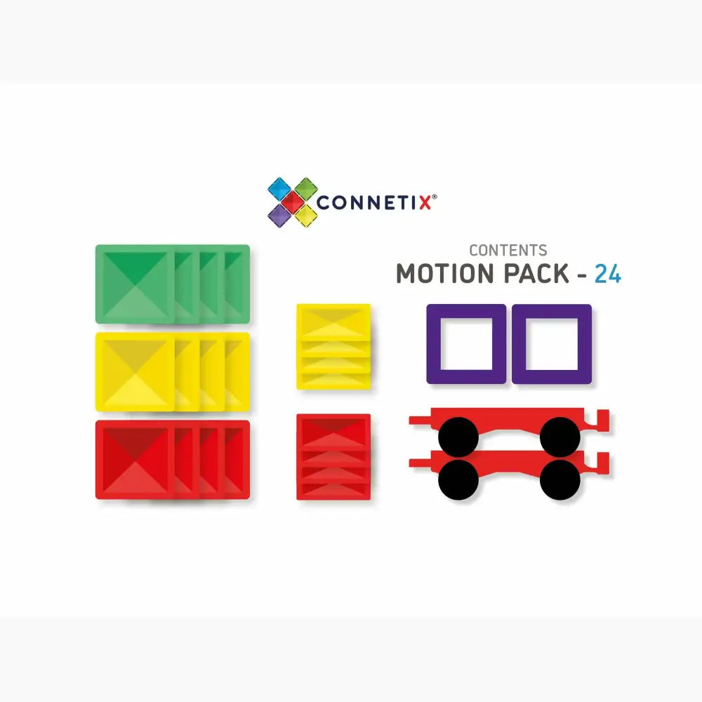 Colorful plastic building blocks or tiles from a construction toy set called Connetix Motion Pack.