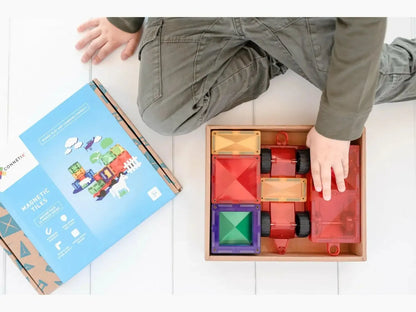 Wooden puzzle box with colorful geometric shapes and blocks.