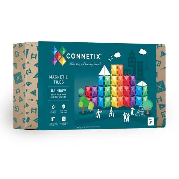 Colorful magnetic building tiles set called ’Connetix’ in rainbow colors.