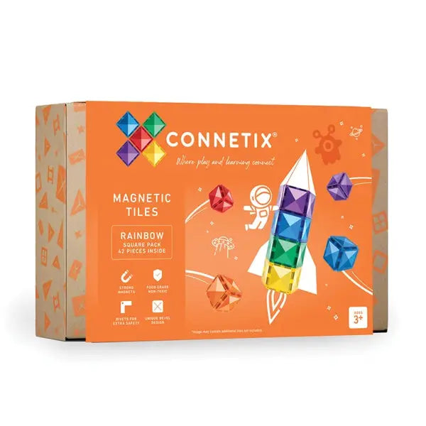 Box of Connetix magnetic tiles featuring colorful geometric shapes and a rocket design.