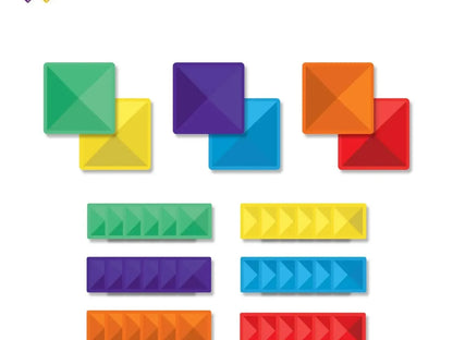 Colorful geometric shapes including squares and rectangular bars in rainbow hues.