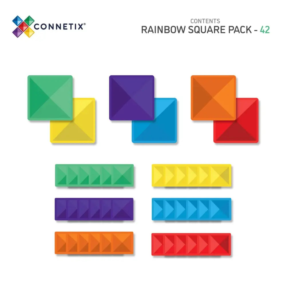 Colorful geometric shapes including squares and rectangular bars in rainbow hues.