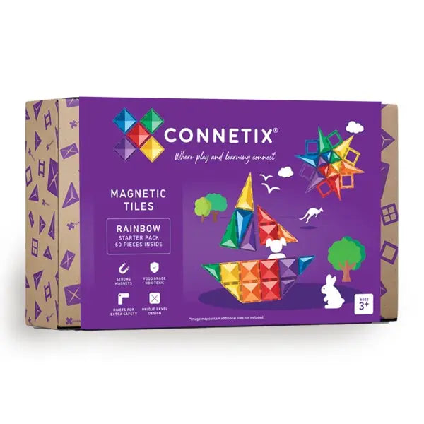 Colorful box of Connetix magnetic tiles featuring rainbow-hued geometric shapes and playful designs.