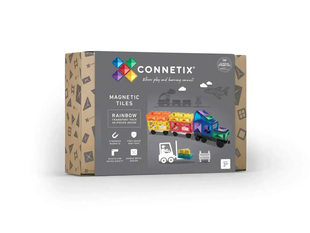 Box of Connetix magnetic tiles featuring a rainbow color scheme and construction designs.