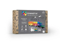 Box of Connetix magnetic tiles featuring a rainbow color scheme and construction designs.
