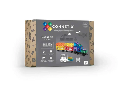Box of Connetix magnetic tiles featuring a rainbow color scheme and construction designs.