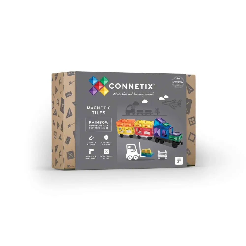 Box of Connetix magnetic tiles featuring a rainbow color scheme and construction designs.