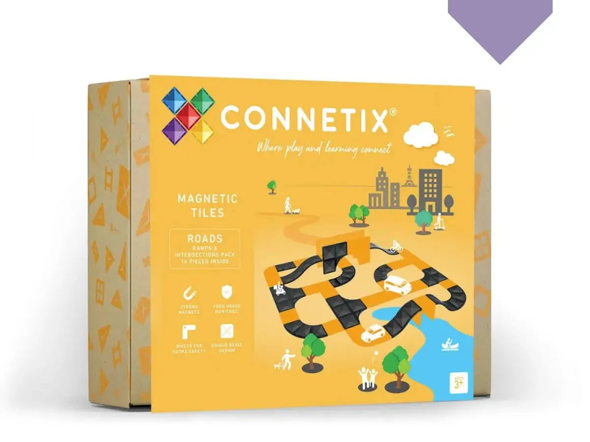 Product box for Connetix magnetic tiles building set with colorful graphics.