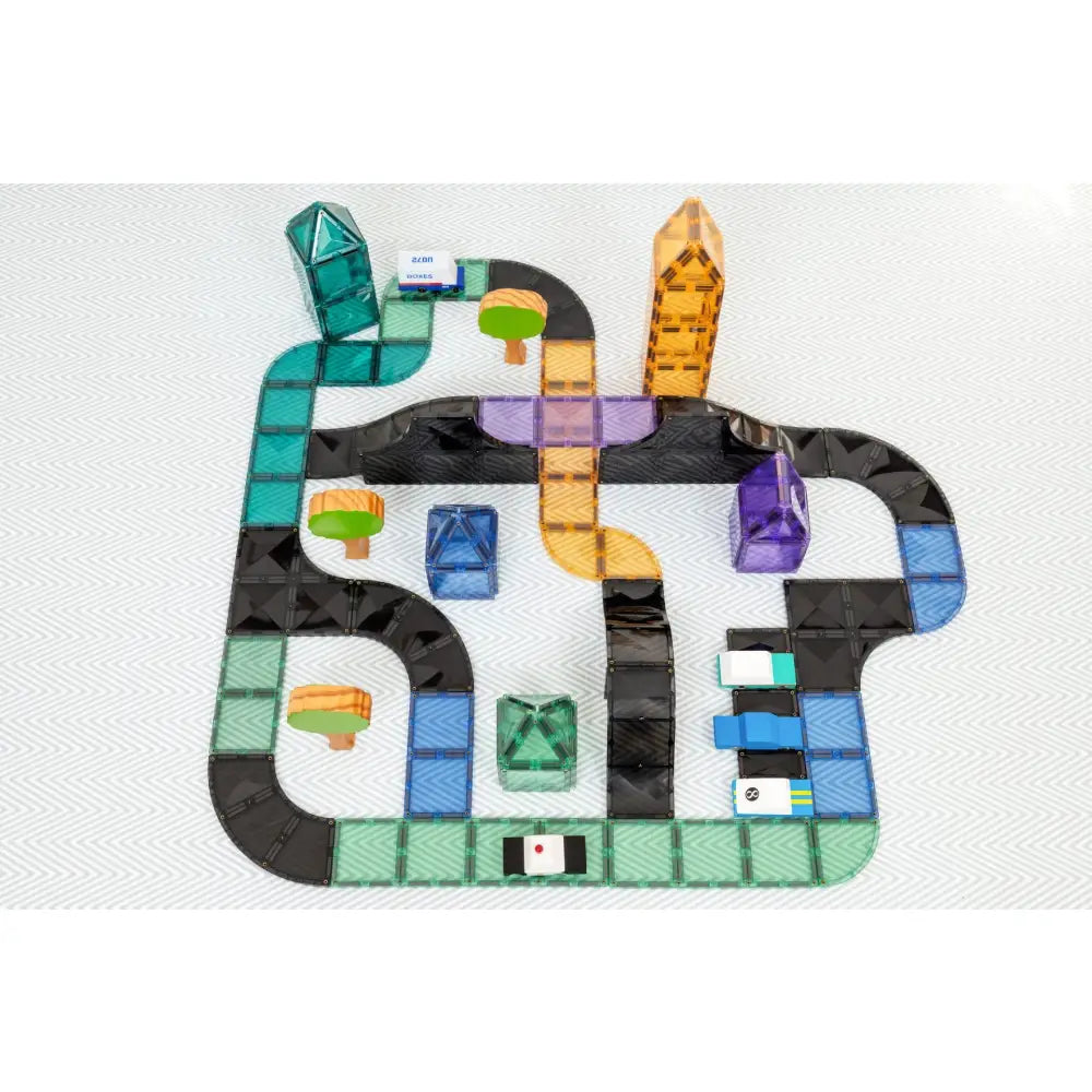 Colorful toy road or track system with various interconnected paths and blocks.