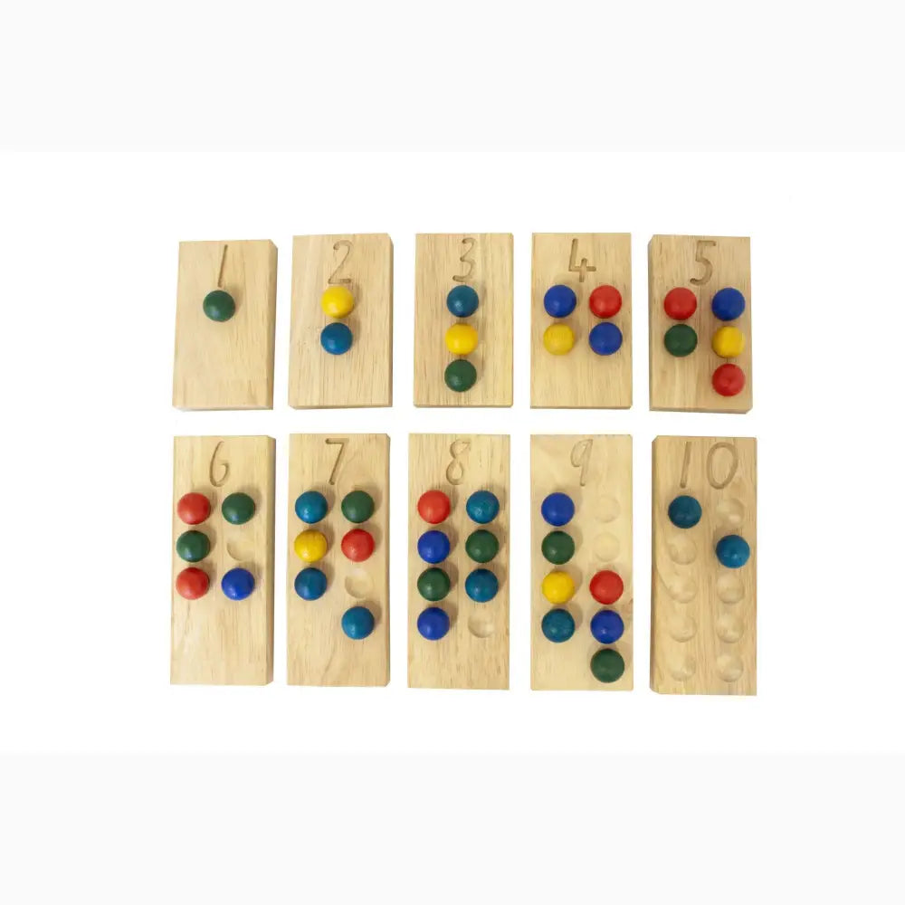 Wooden counting boards with colorful pegs representing numbers from 1 to 10.