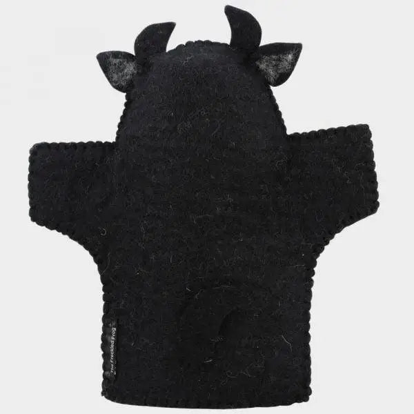 Black hand puppet resembling a bull or cow with horns and ears.