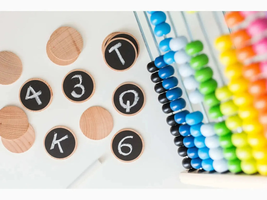 Colorful abacus with wooden discs displaying numbers.