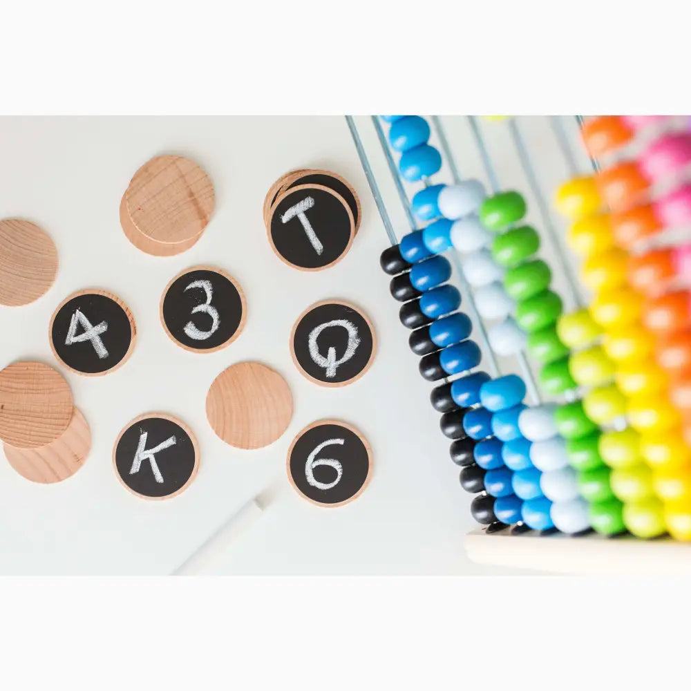 Colorful abacus with wooden discs displaying numbers.