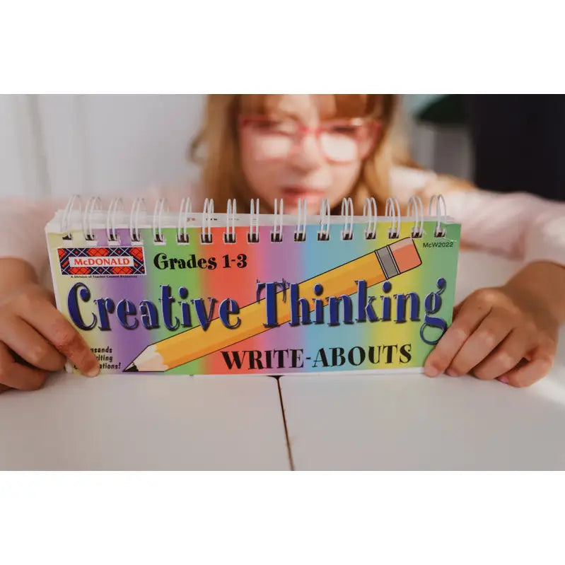 Spiral-bound book titled ’Creative Thinking Write-Abouts’ for Grades 1-3.