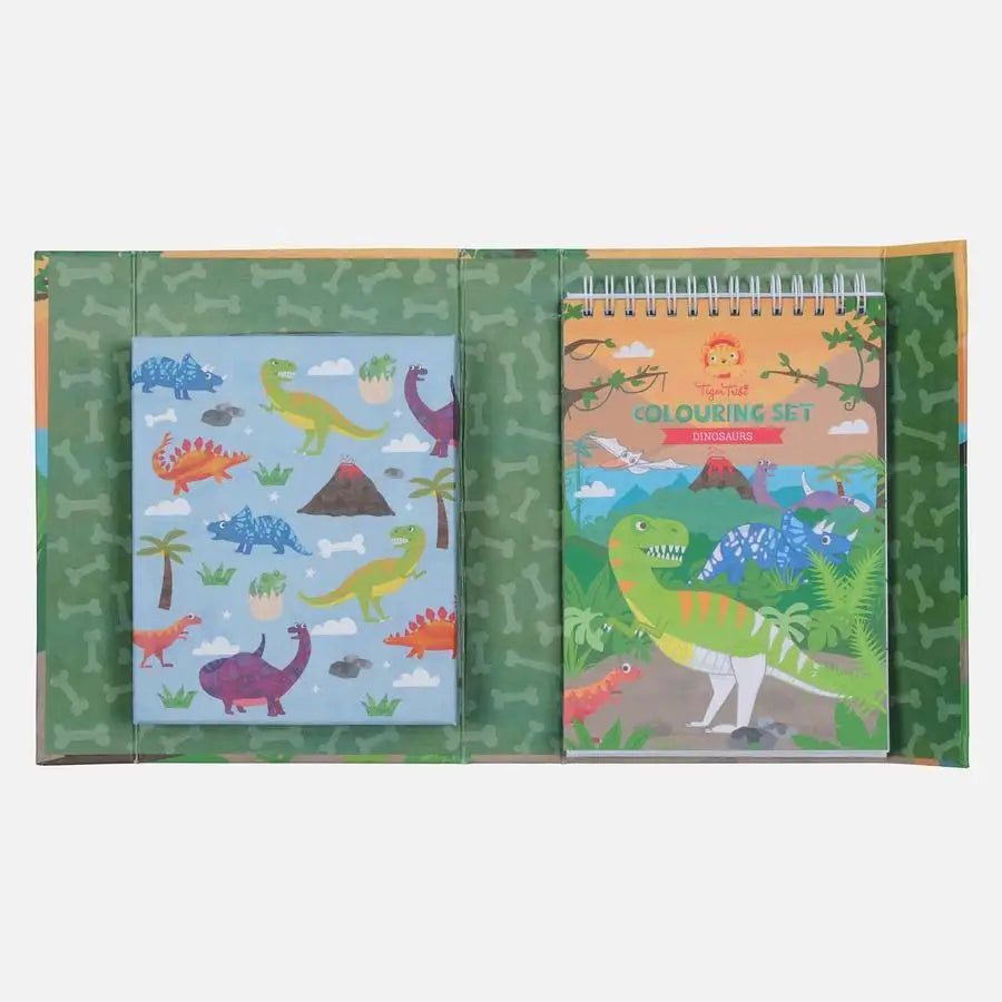 Dinosaur-themed notebook and folder set with colorful illustrations.