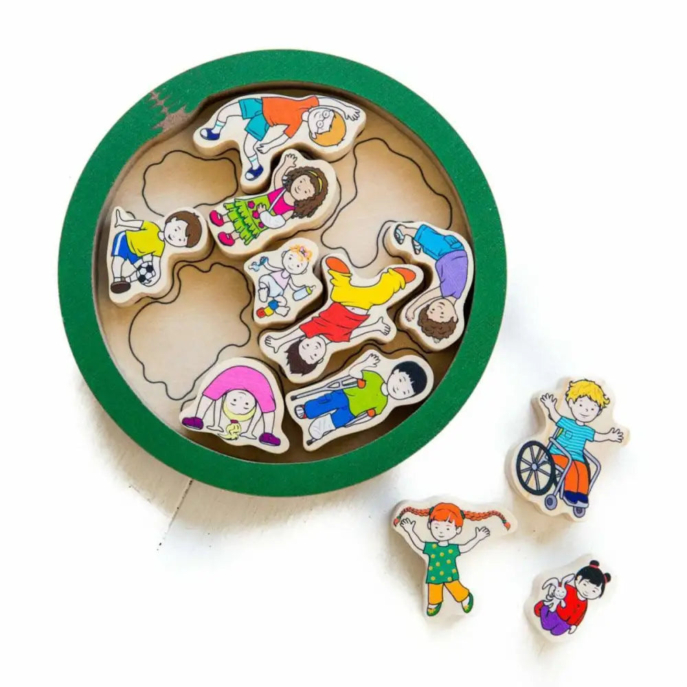 Circular wooden puzzle with colorful cartoon character pieces depicting children in various poses and activities.