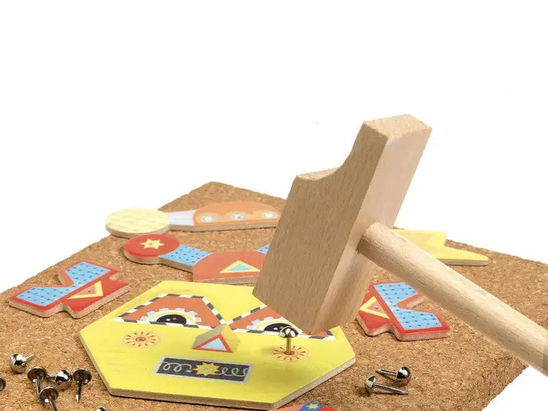 Wooden hammer toy with geometric shapes.