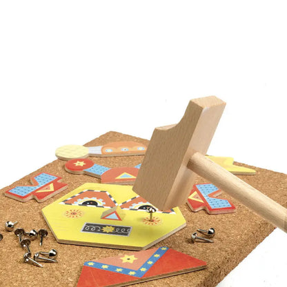 Wooden hammer toy with geometric shapes.