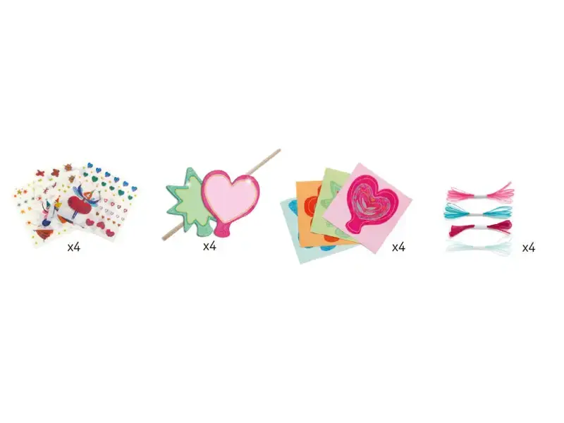 Craft kit with stickers, wooden shapes, paper squares, and embroidery floss.