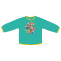 Long-sleeved teal shirt with colorful circular designs.