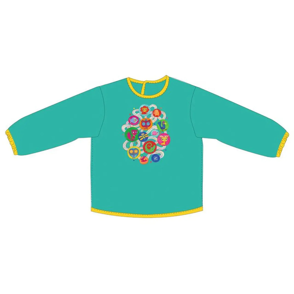 Long-sleeved teal shirt with colorful circular designs.