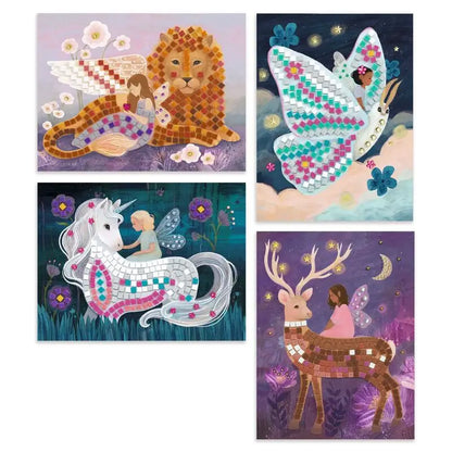 Four mosaic-style fantasy art prints.