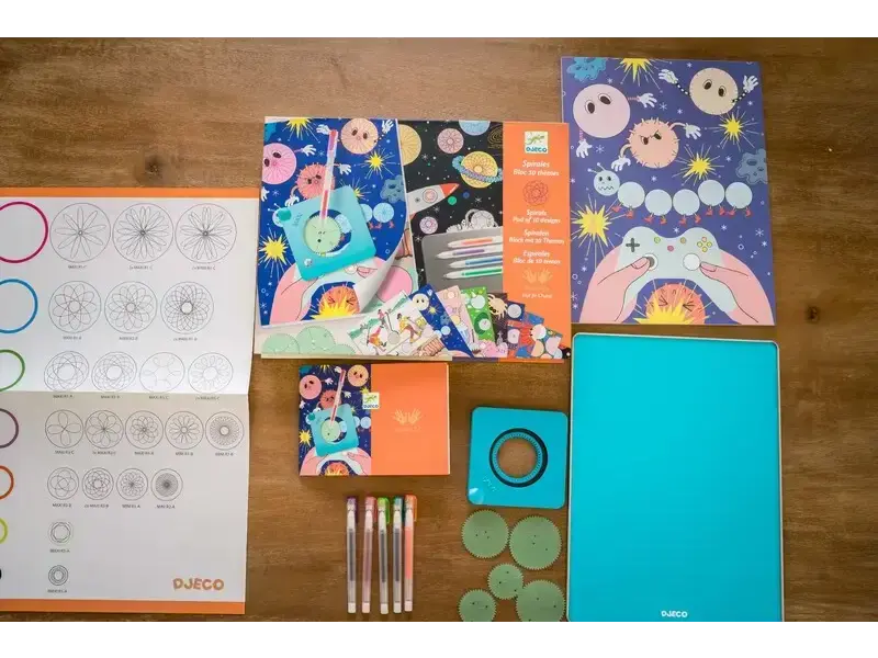 Colorful children’s art kit featuring space-themed illustrations and craft supplies.