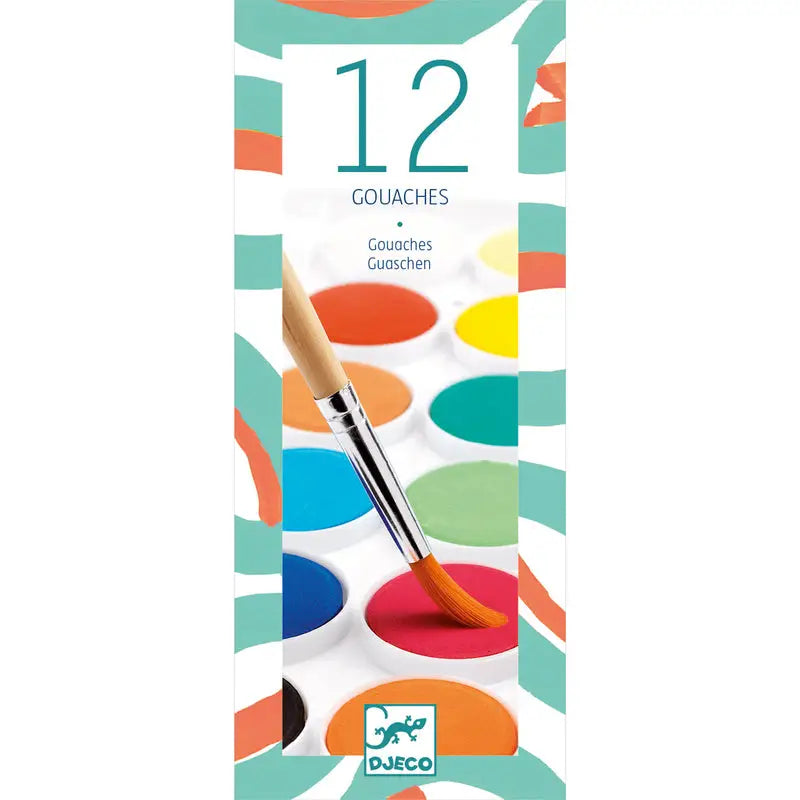 Set of 12 gouache paints with a paintbrush.