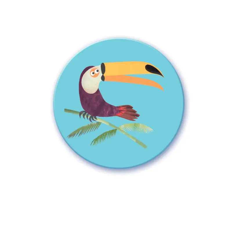 Cartoon toucan perched on a palm frond against a blue circular background.